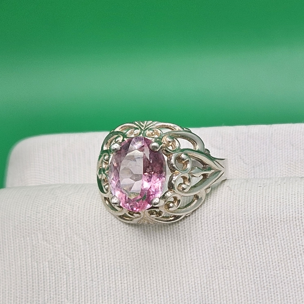 Pink Topaz oval brilliant cut ring 925 sterling silver hearts size 7 gift